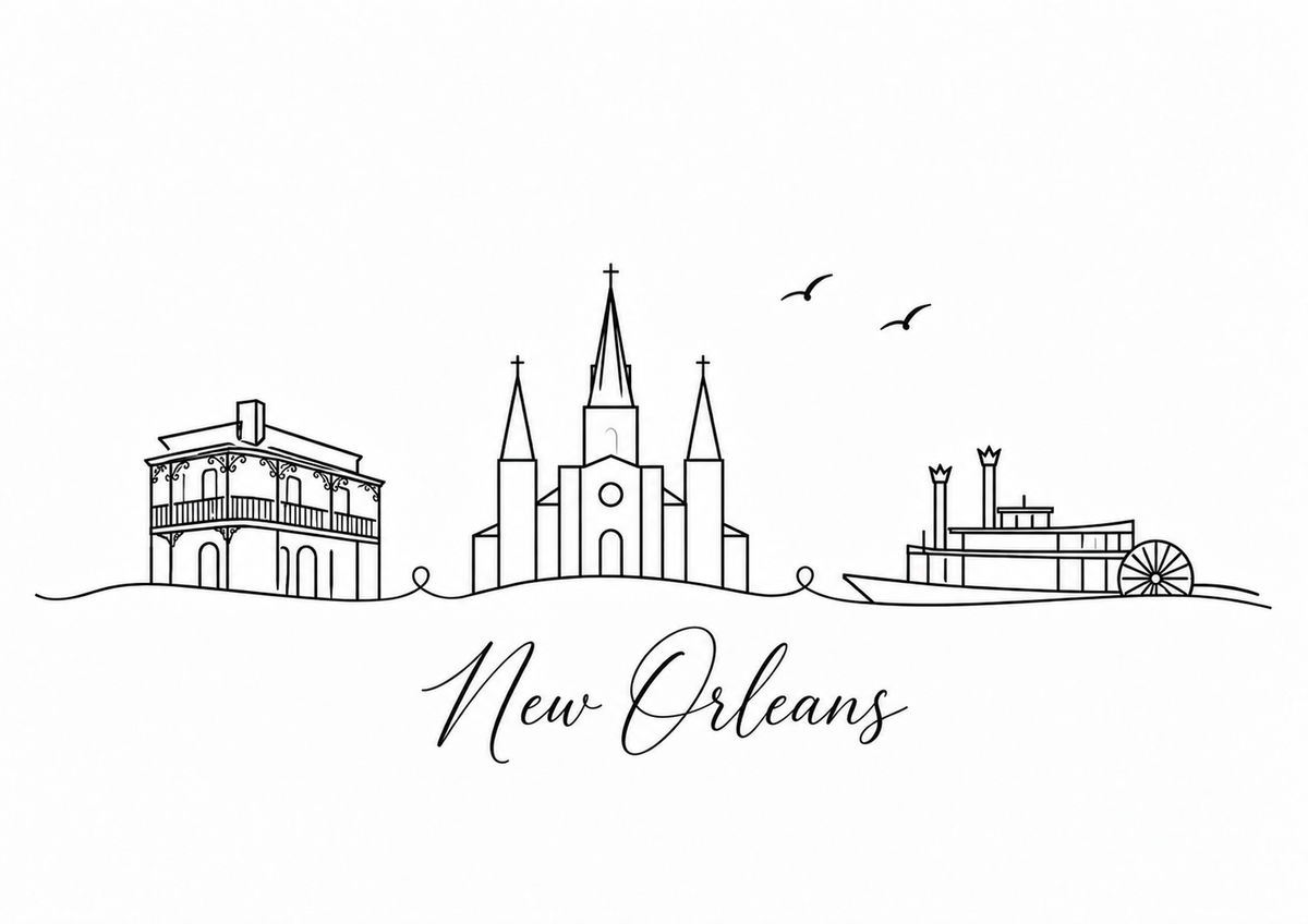 New Orleans skyline artwork featuring black line landmarks and city lettering on a white background