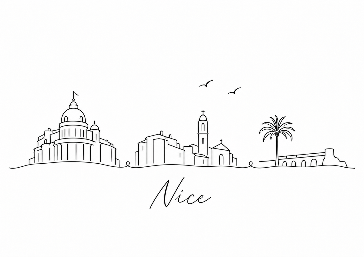 Nice skyline artwork featuring black line landmarks and city lettering on a white background