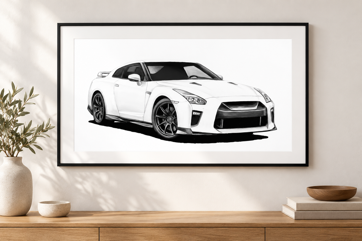 Nissan GT-R print with white mount and black frame