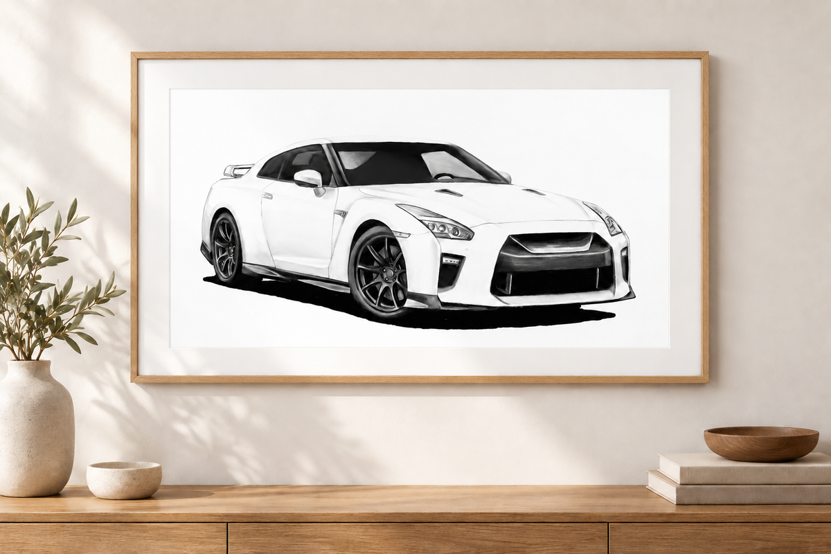 Nissan GT-R print with white mount and oak frame