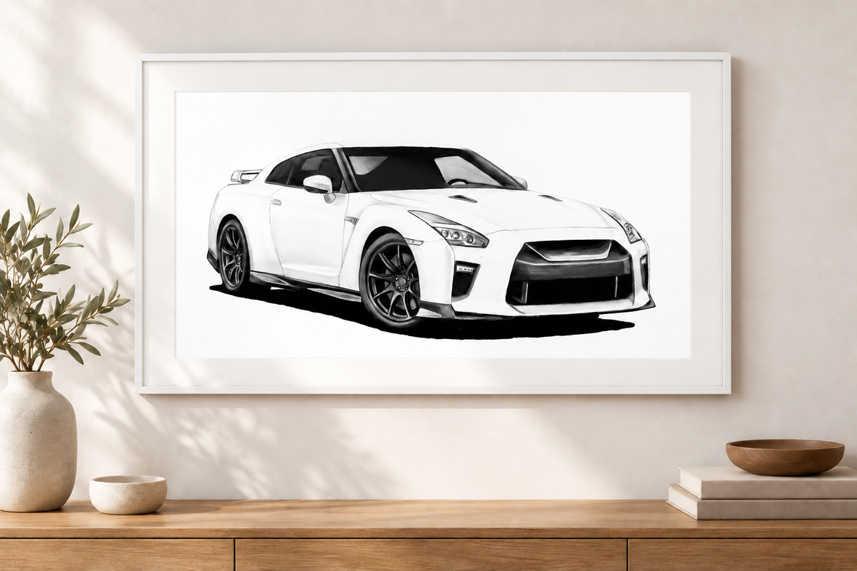 Nissan GT-R print with white mount and white frame