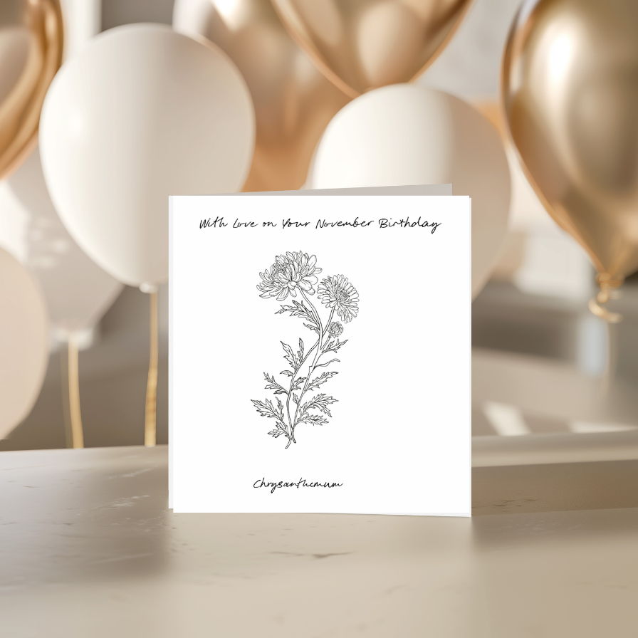 November – Chrysanthemum Birthday Card | Hand-Drawn Chrysanthemum Illustration | Whimsical & Elegant Art