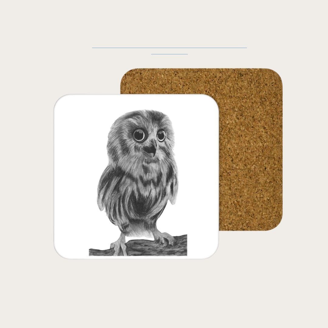 Hand-drawn owl illustration with a green background on a drinks coaster by Libra Fine Arts. A stunning and detailed design, perfect for bringing a touch of nature and elegance to your home decor while protecting surfaces.