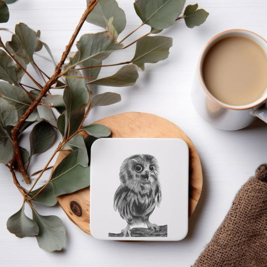 Hand-drawn owl illustration with a green background on a drinks coaster by Libra Fine Arts. A beautifully detailed and nature-inspired design, perfect for adding a touch of woodland charm to your home decor while protecting surfaces.
