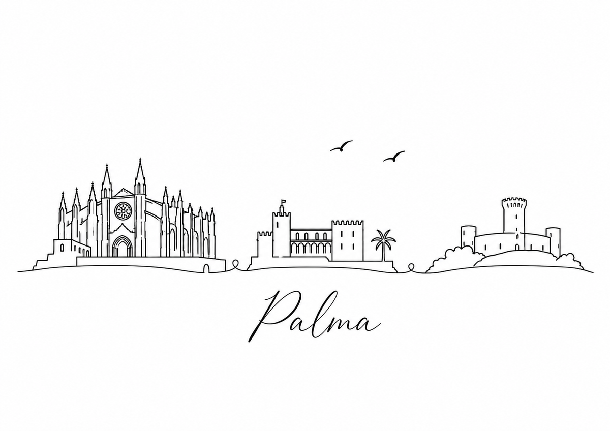 Palma skyline artwork featuring black line landmarks and city lettering on a white background