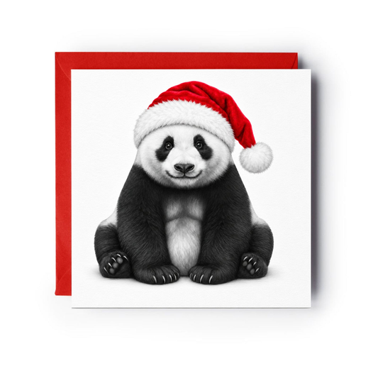 A seated panda wearing a red Santa hat on a Christmas card with a red envelope
