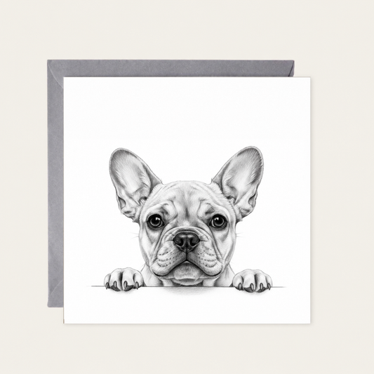 Peeking French Bulldog pencil illustration greeting card with grey envelope