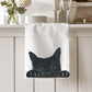 Peeking Cat design on a soft cotton tea towel, perfect for cat lovers and kitchen decor.