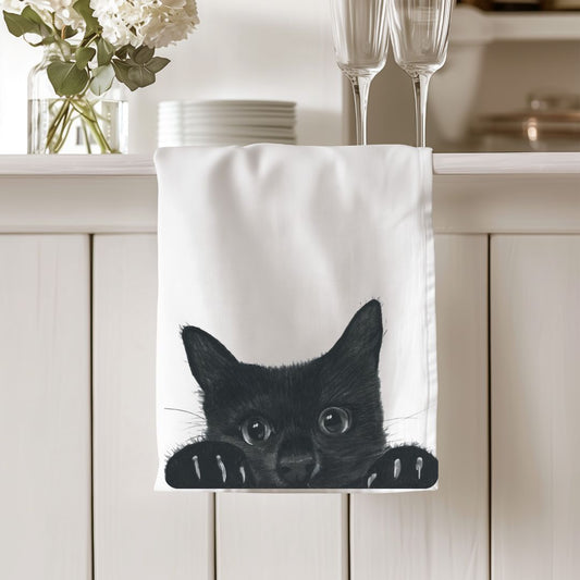 Peeking Cat design on a soft cotton tea towel, perfect for cat lovers and kitchen decor.