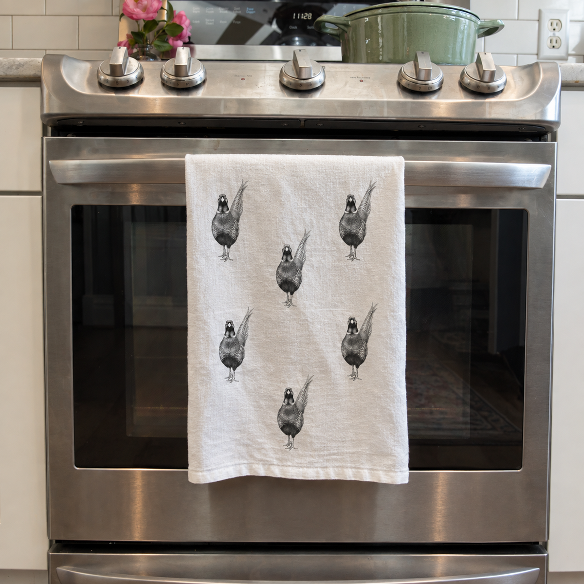 Pheasant Premium Cotton Tea Towel featuring hand-drawn pheasant illustrations