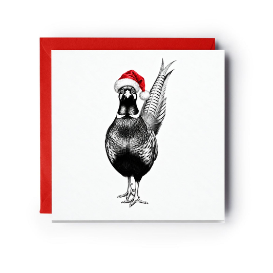 A pheasant wearing a red Santa hat on a Christmas card with a red envelope