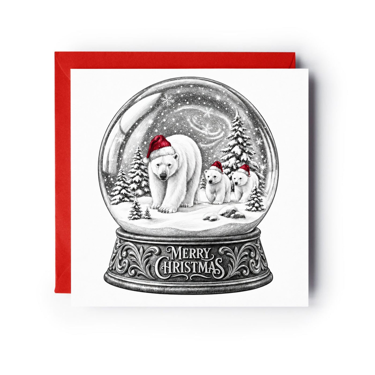 Polar bear family wearing Santa hats in a snow globe on a square Christmas card with a red envelope