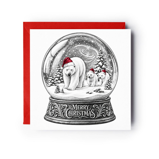 Polar bear family wearing Santa hats in a snow globe on a square Christmas card with a red envelope