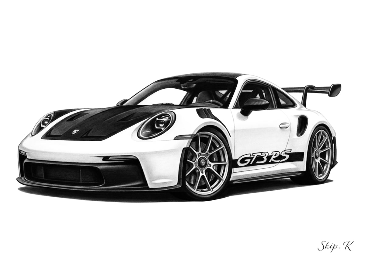Hand-drawn Porsche 911 GT3 RS sports car fine art print