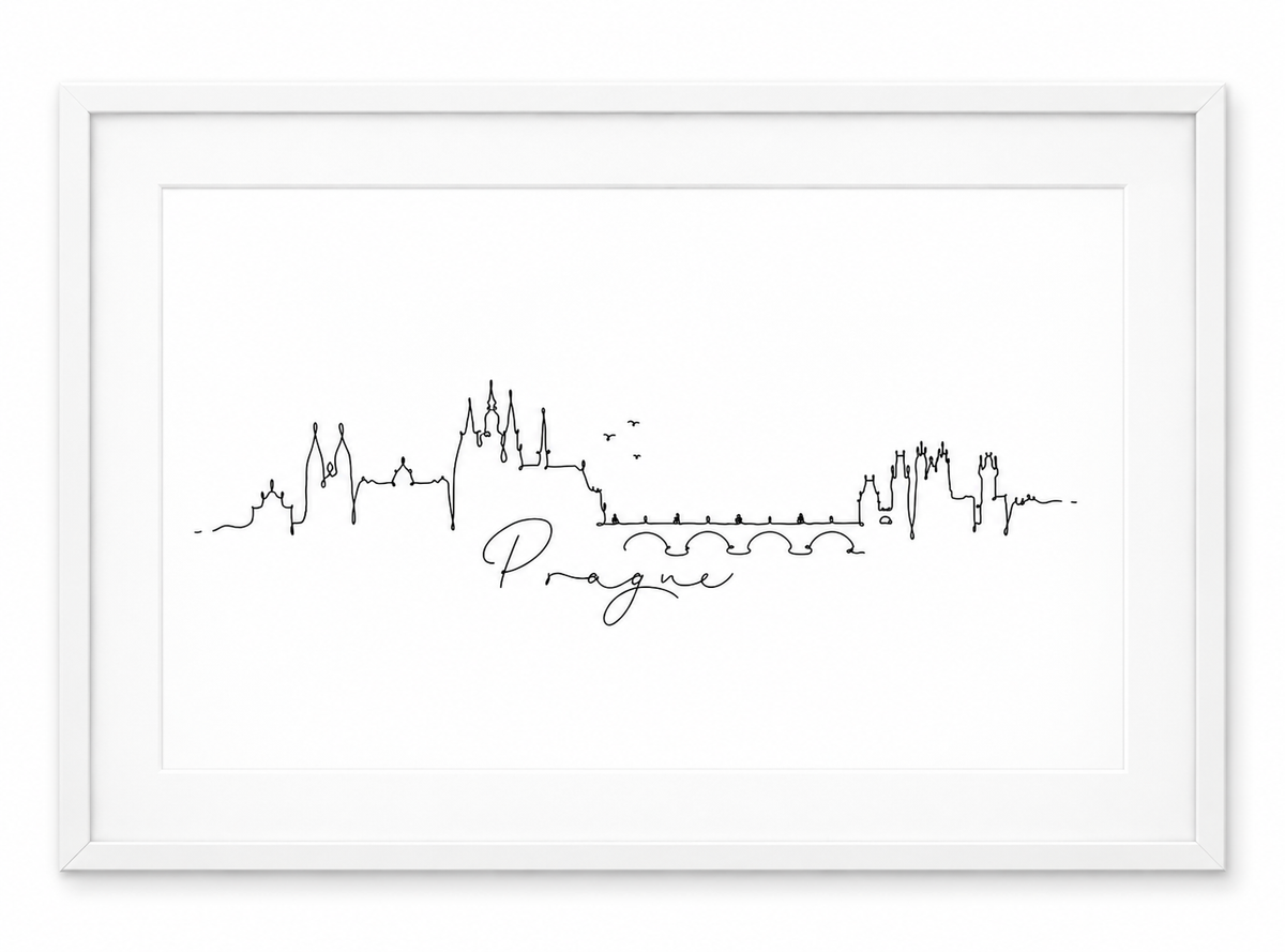 Prague Skyline Print – White frame with white mount