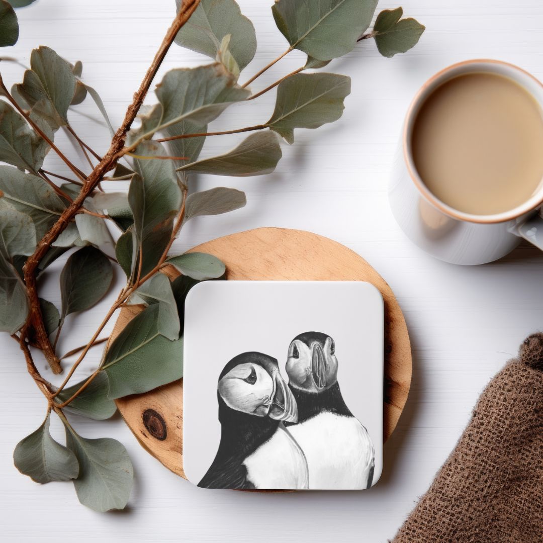 A charming puffin-themed coaster with a steaming cup of tea beside it, placed on a wooden table. The coaster features a hand-drawn illustration of a puffin, adding a touch of coastal charm to the cozy setting