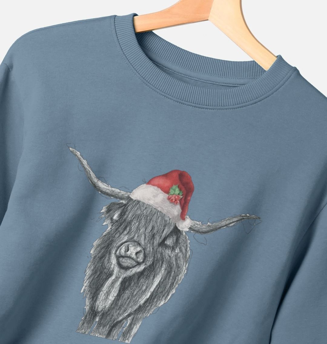 Woman's Crew Neck Festive Highland Cow Sweater Certified Organic Cotton
