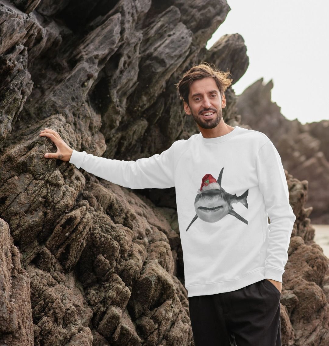 Men's Crew Neck Festive Shark Sweater Certified Organic Cotton