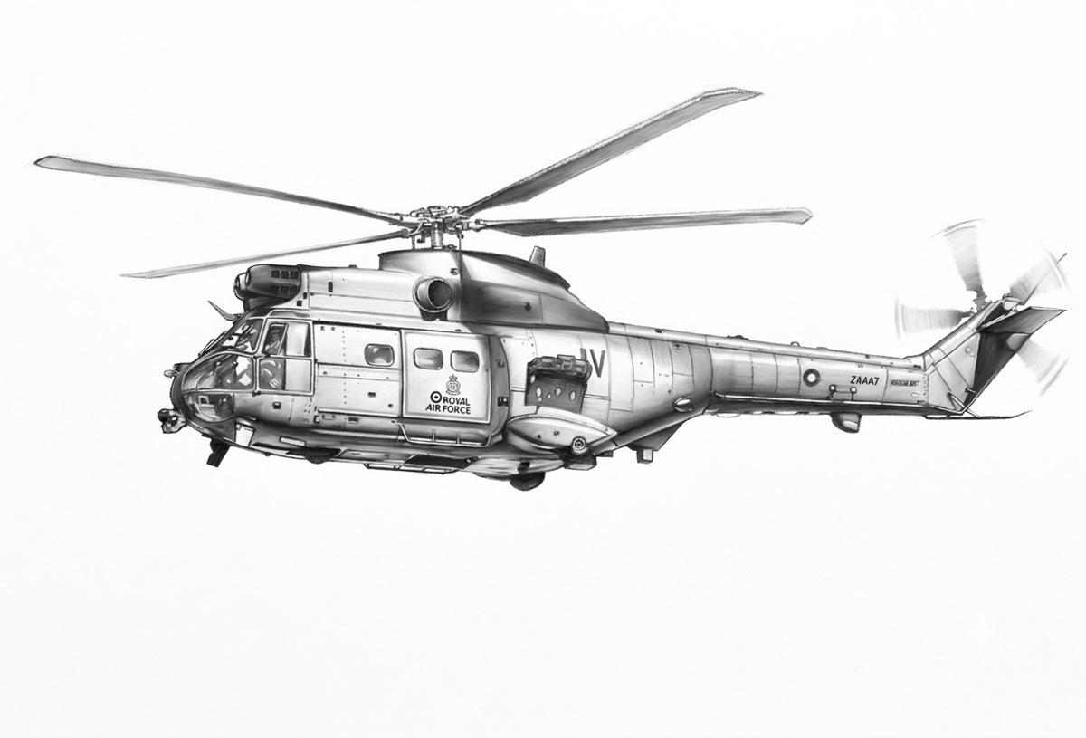 Hand-drawn RAF Westland Puma helicopter military aviation fine art print