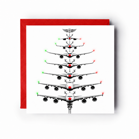 Reindeer aircraft Christmas tree greeting card with silver pilot wings and a red envelope behind