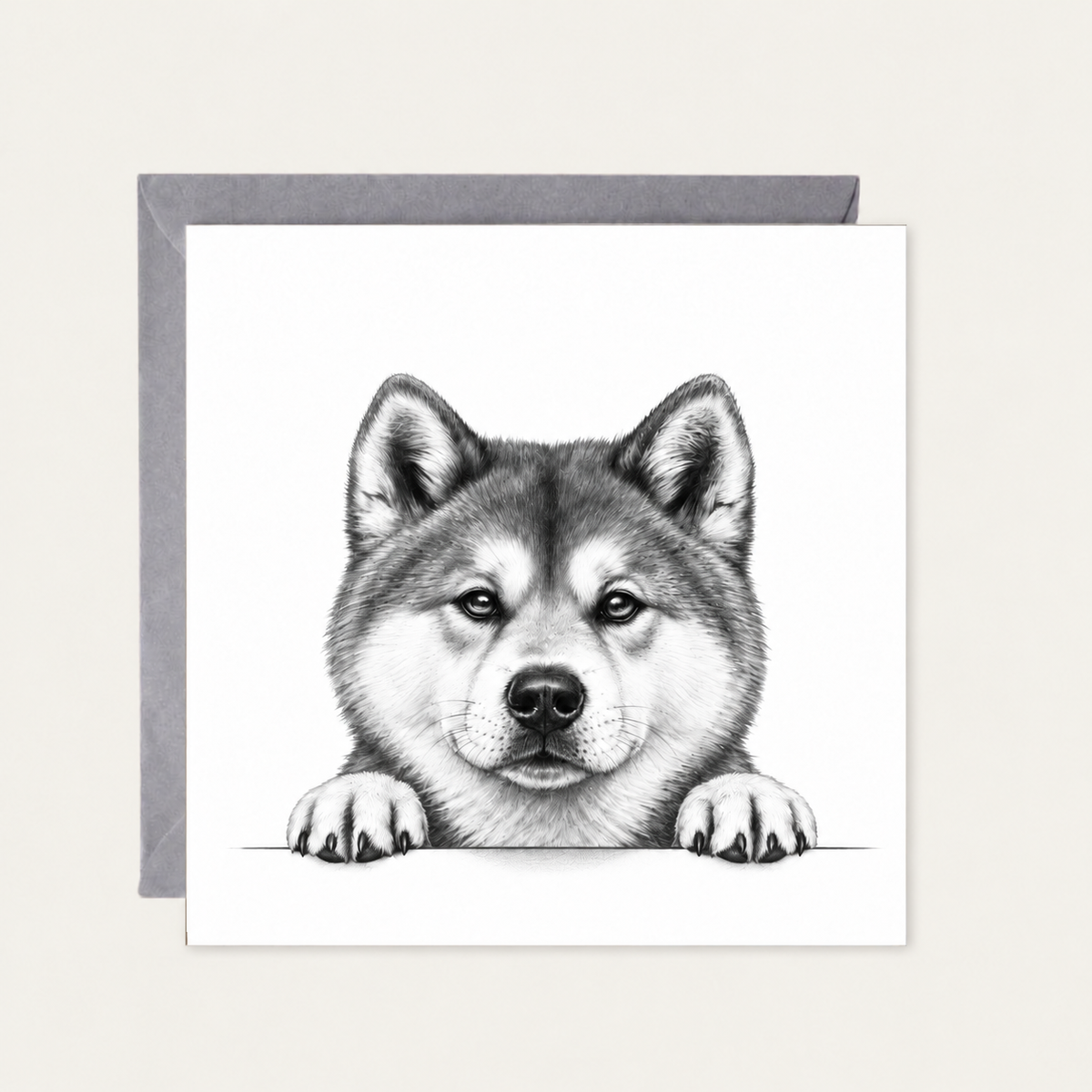 Peeking Siberian Husky greeting card with grey envelope