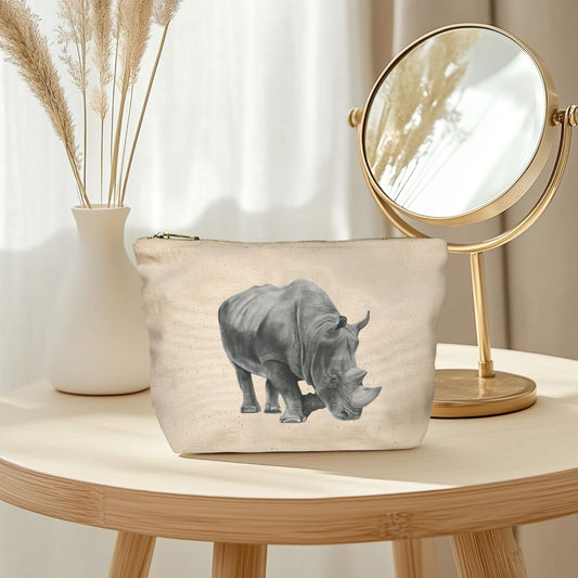 Hand-Drawn Rhino Pouch Bag – Durable, Eco-Friendly Travel & Cosmetic Organizer