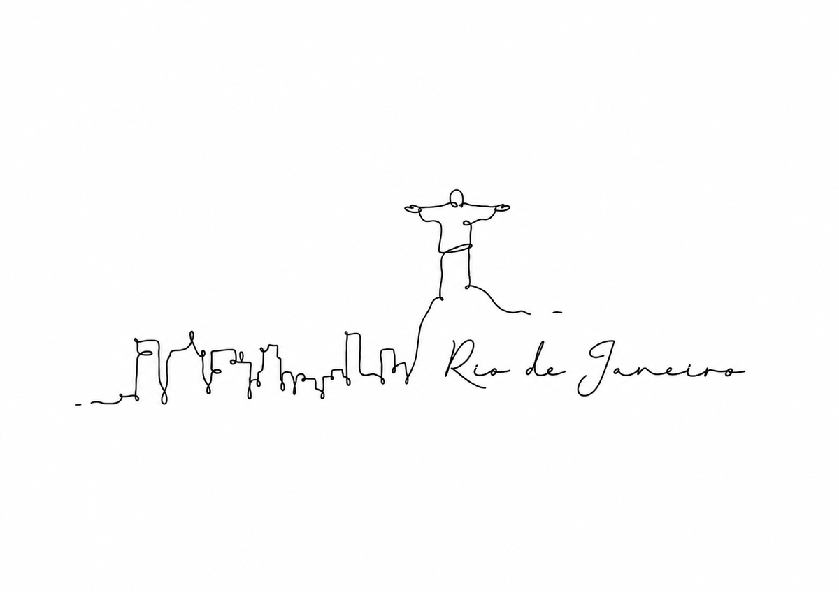 Rio De Janeiro skyline greeting card artwork featuring minimalist black line illustrations of city landmarks