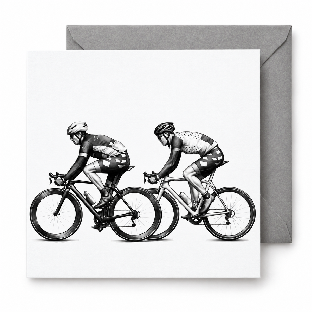 Road cyclists greeting card with a grey envelope on a white background