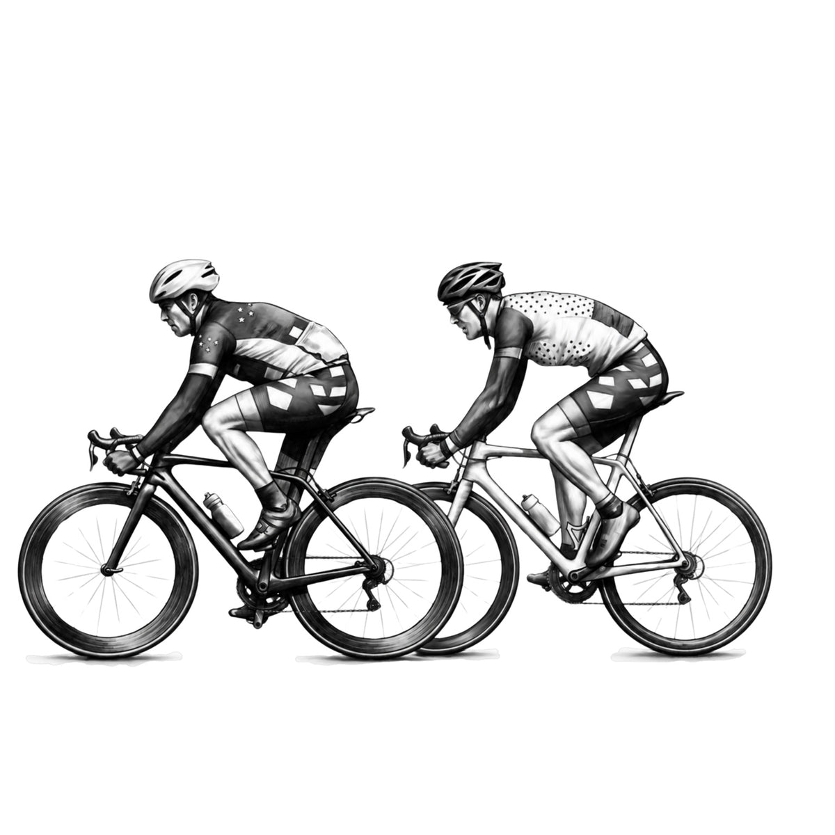 Two road cyclists and racing bicycles in monochrome pencil-style artwork