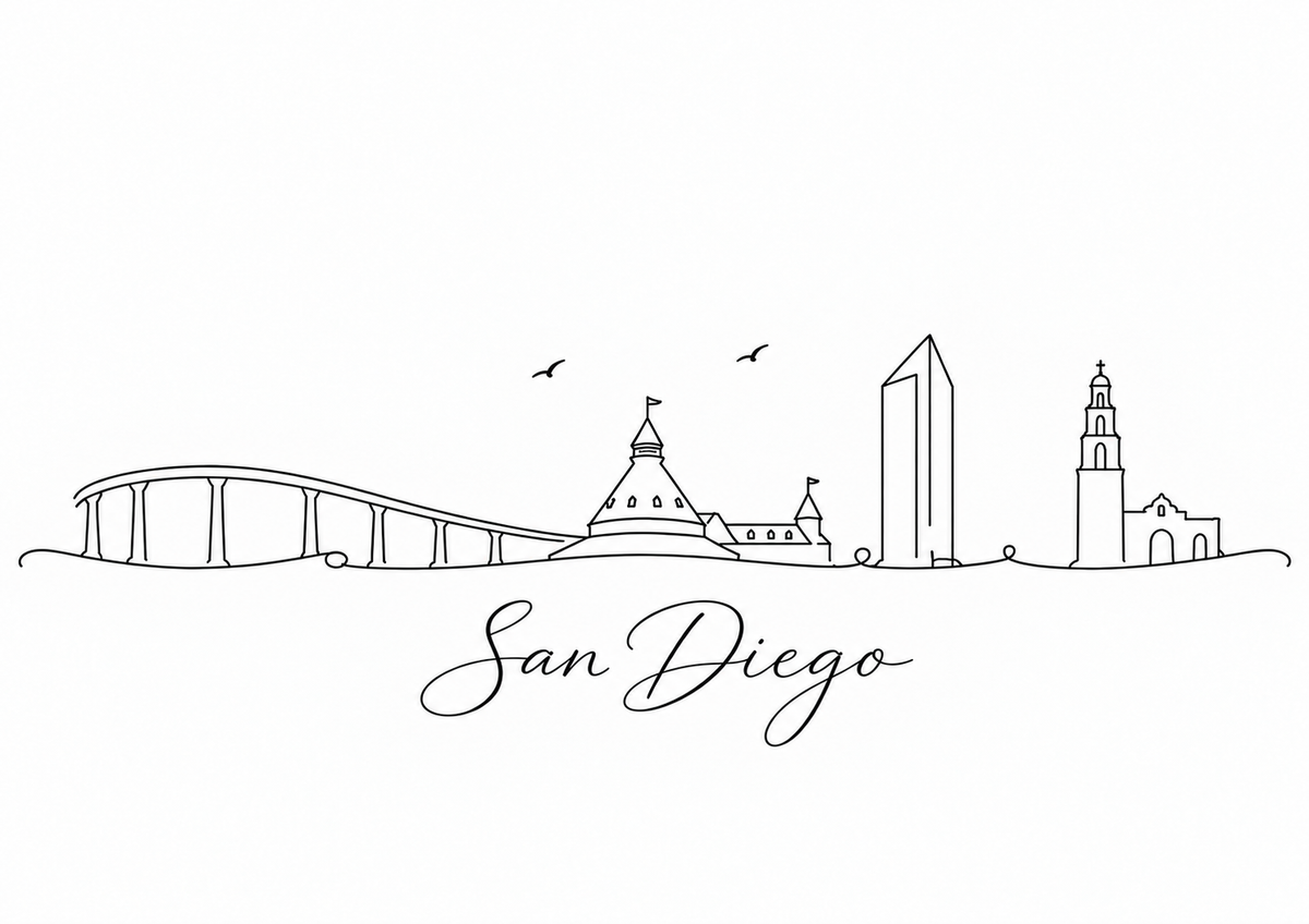 San Diego skyline artwork featuring black line landmarks and city lettering on a white background