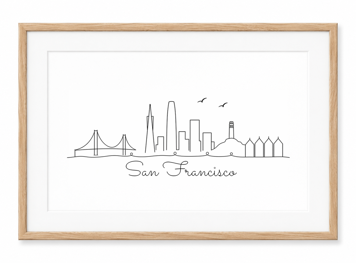 San Francisco skyline print in oak frame
