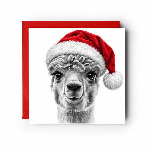 Alpaca wearing a red Santa hat Christmas card with red envelope