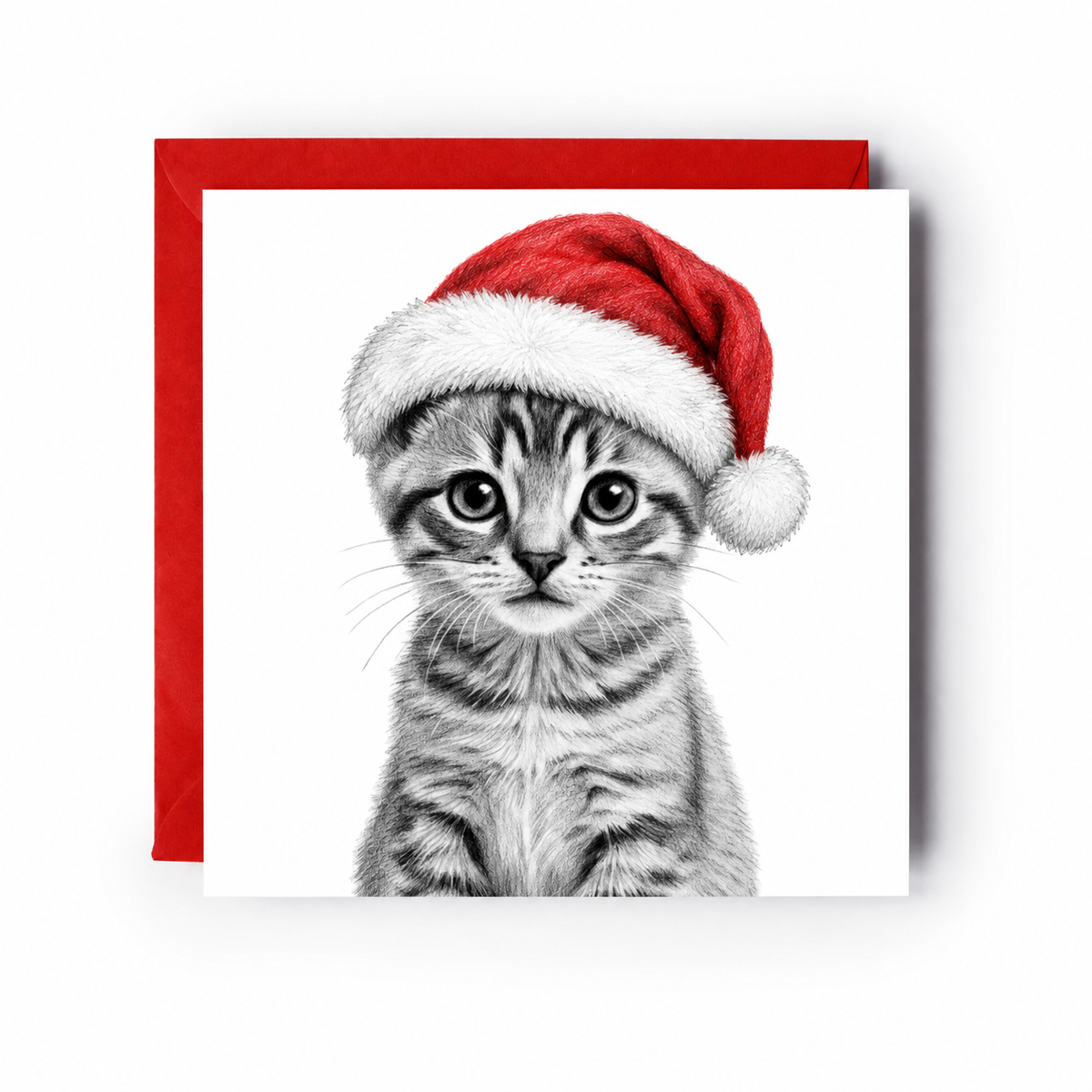 Tabby kitten wearing a red Santa hat Christmas card with red envelope