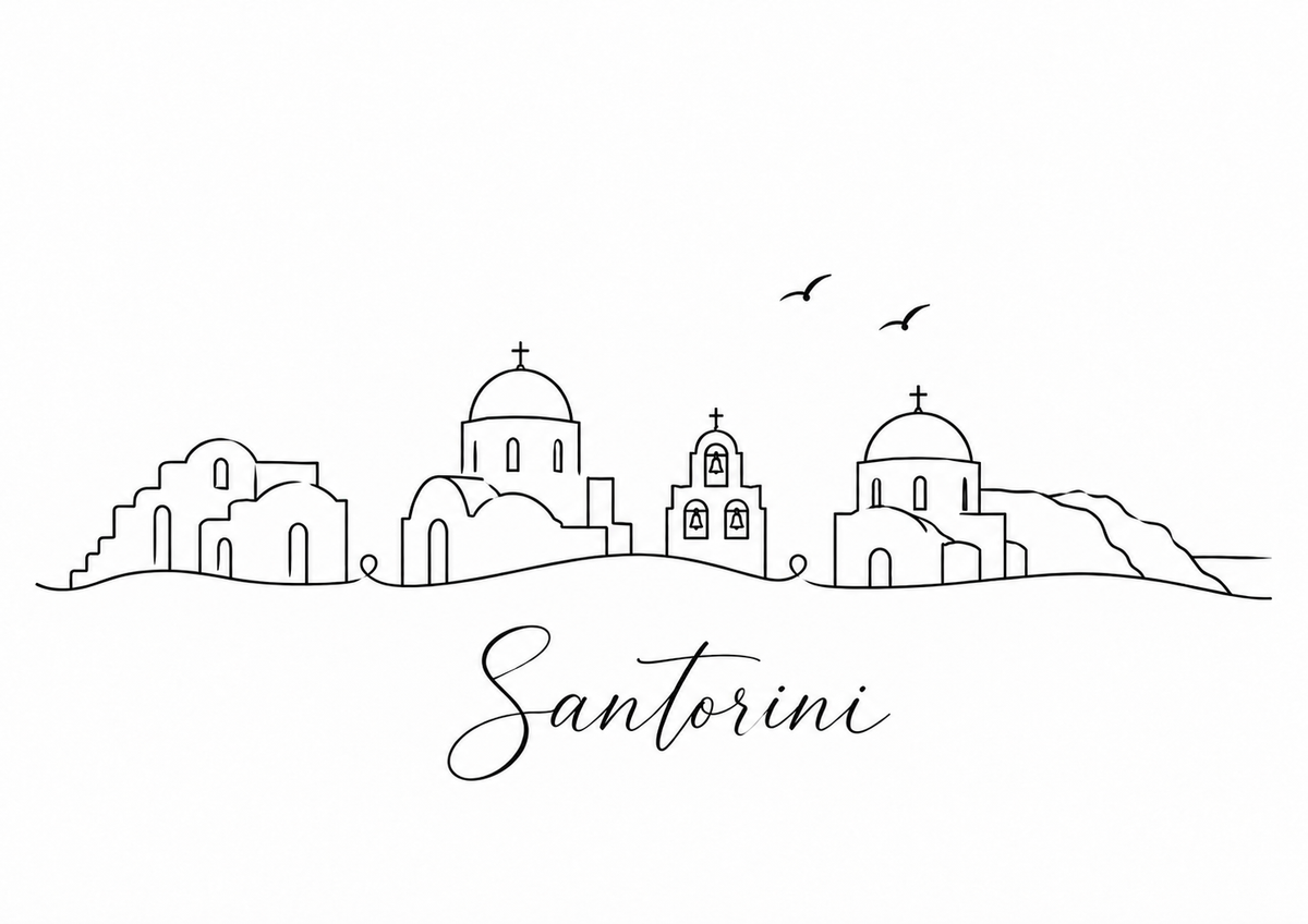 Santorini skyline artwork featuring black line landmarks and city lettering on a white background