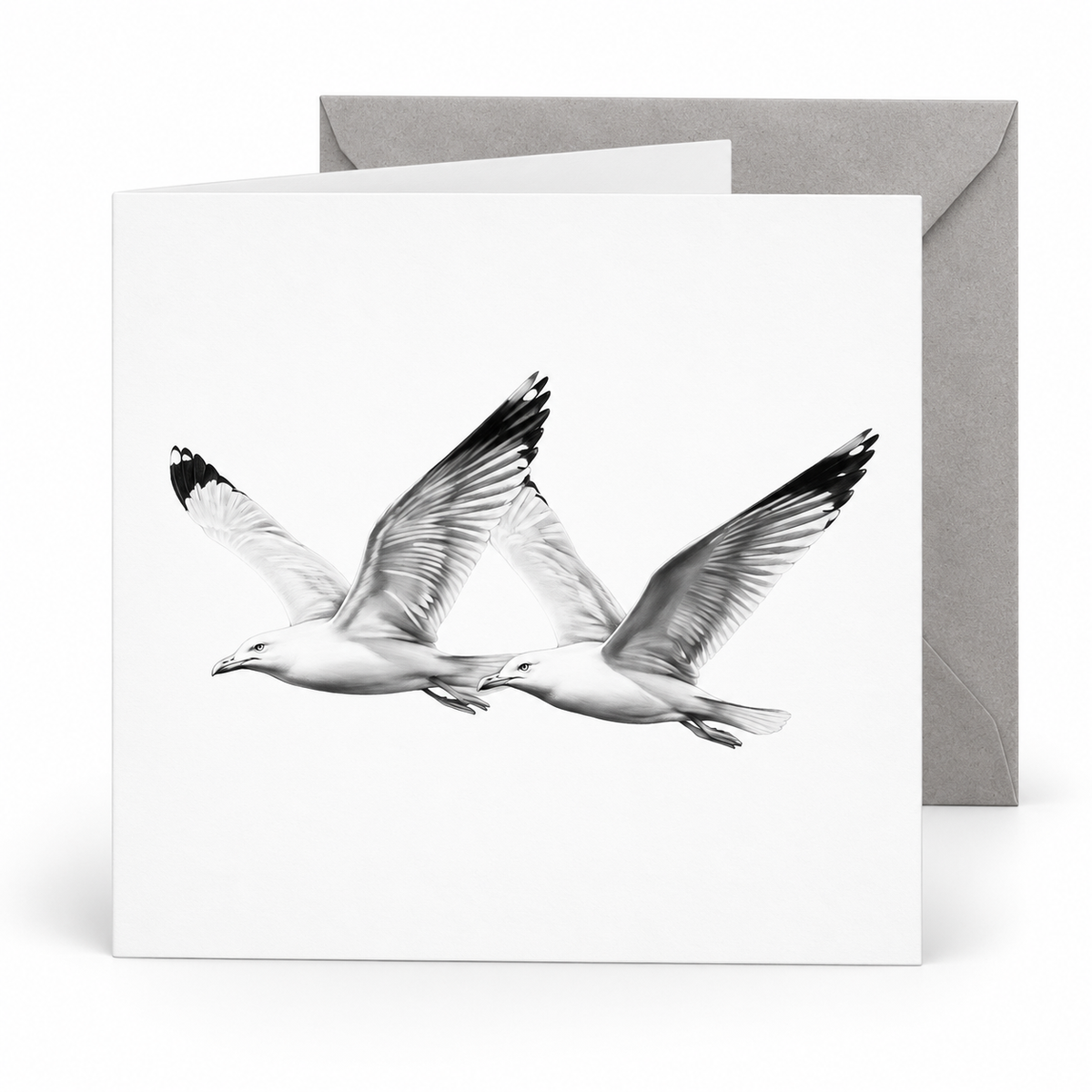 Seagulls in Flight Greeting Card — grey-envelope mockup