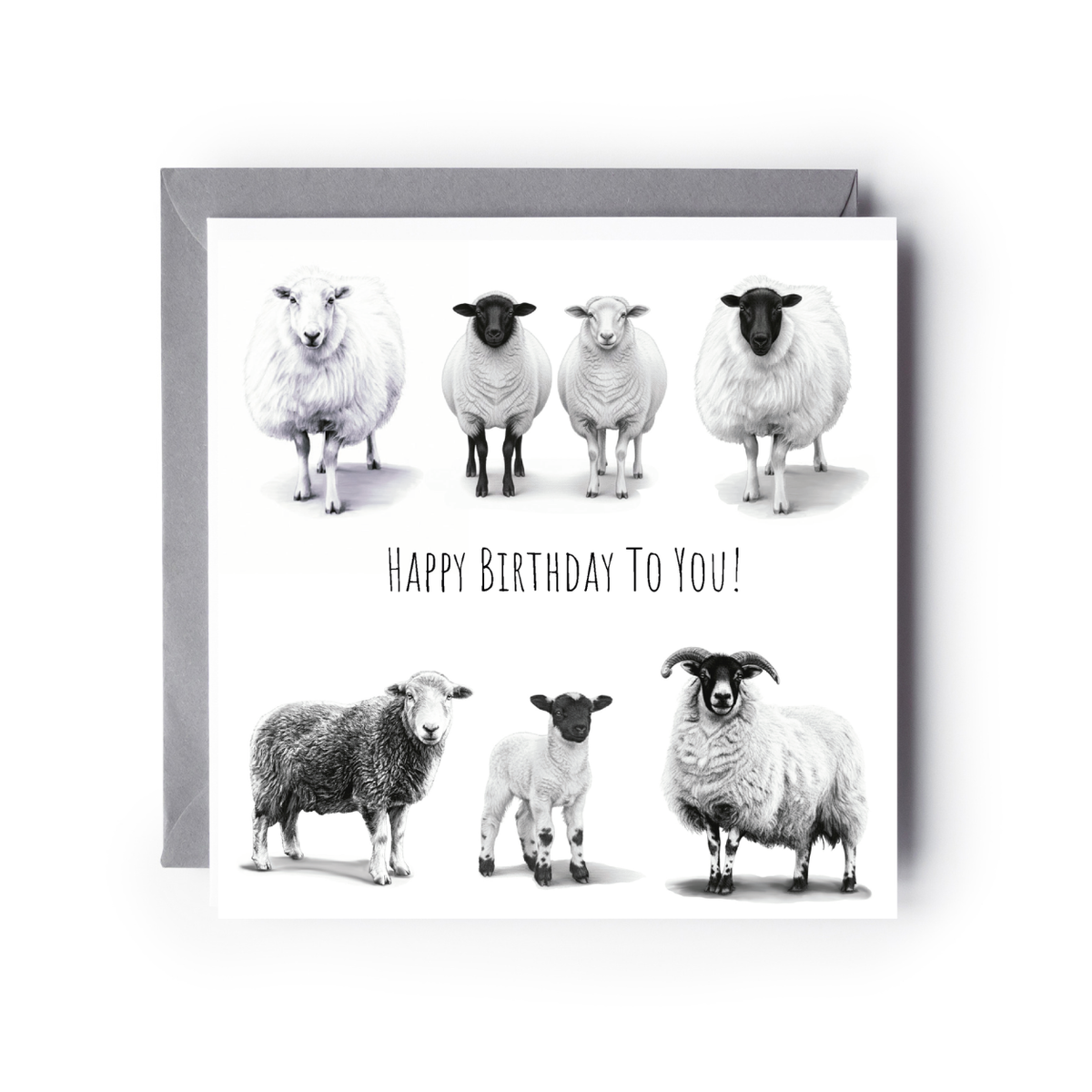 Sheep birthday greeting card with grey envelope