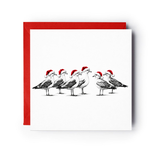 Six seagulls wearing red Santa hats on a Christmas card with a red envelope