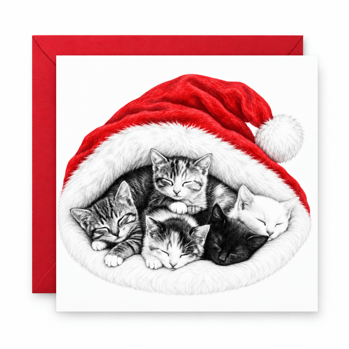 Five sleeping kittens inside a large red Santa hat on a square Christmas card with one red envelope