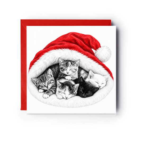 Five sleeping kittens inside a large red Santa hat on a square Christmas card with one red envelope