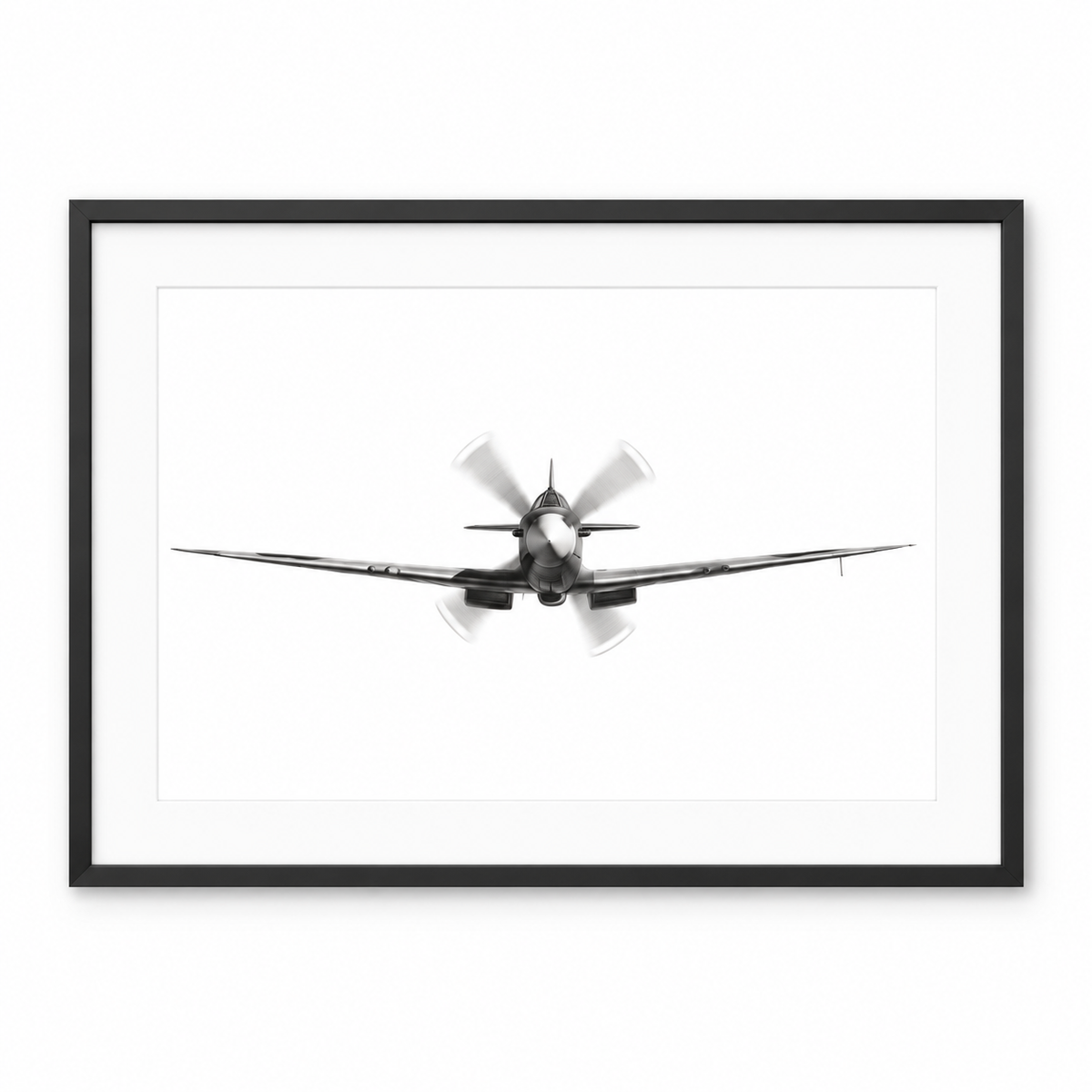 Iconic Spitfire Front View Fine Art Print – Hand-Drawn WWII Aircraft Illustration in black frame