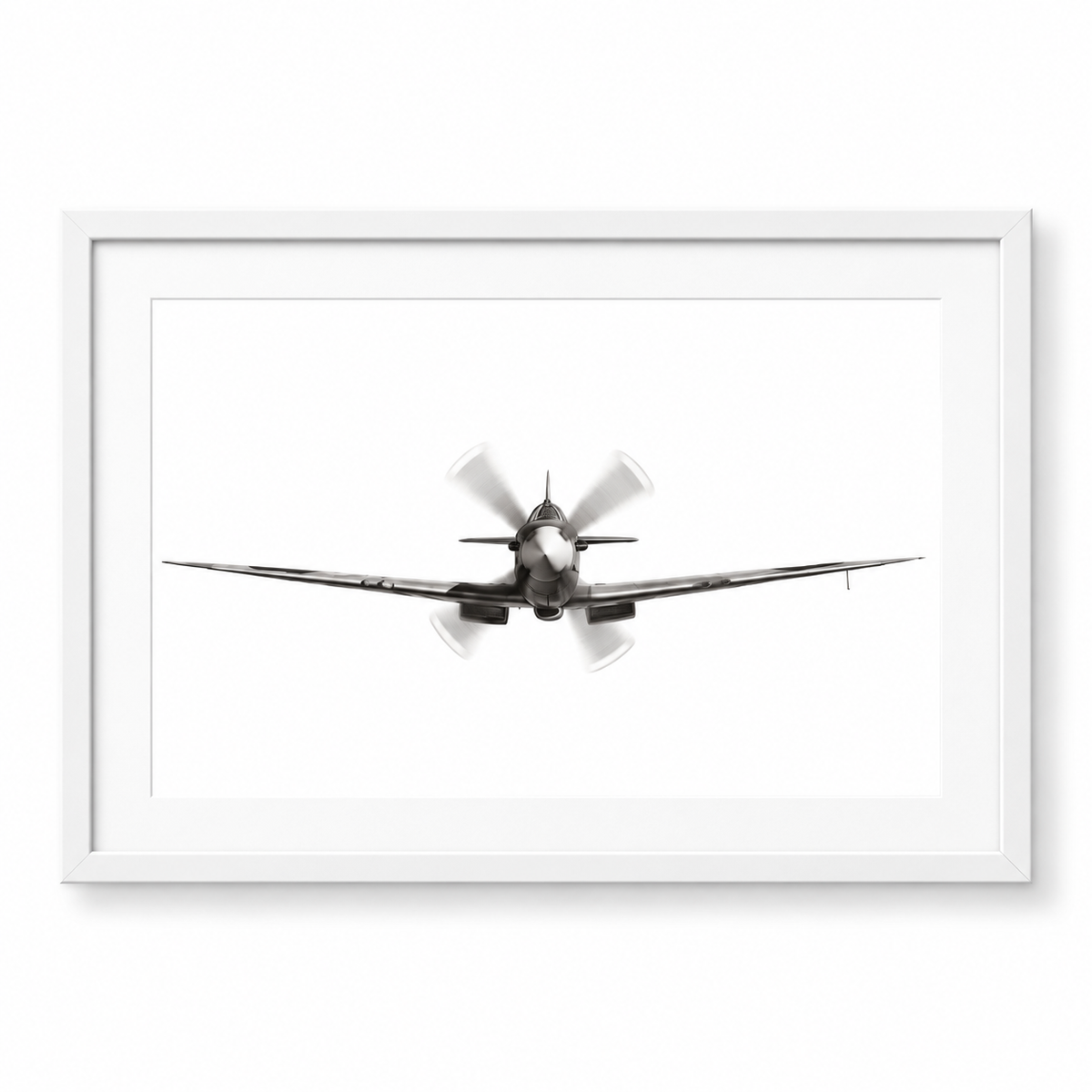 Iconic Spitfire Front View Fine Art Print – Hand-Drawn WWII Aircraft Illustration in white frame