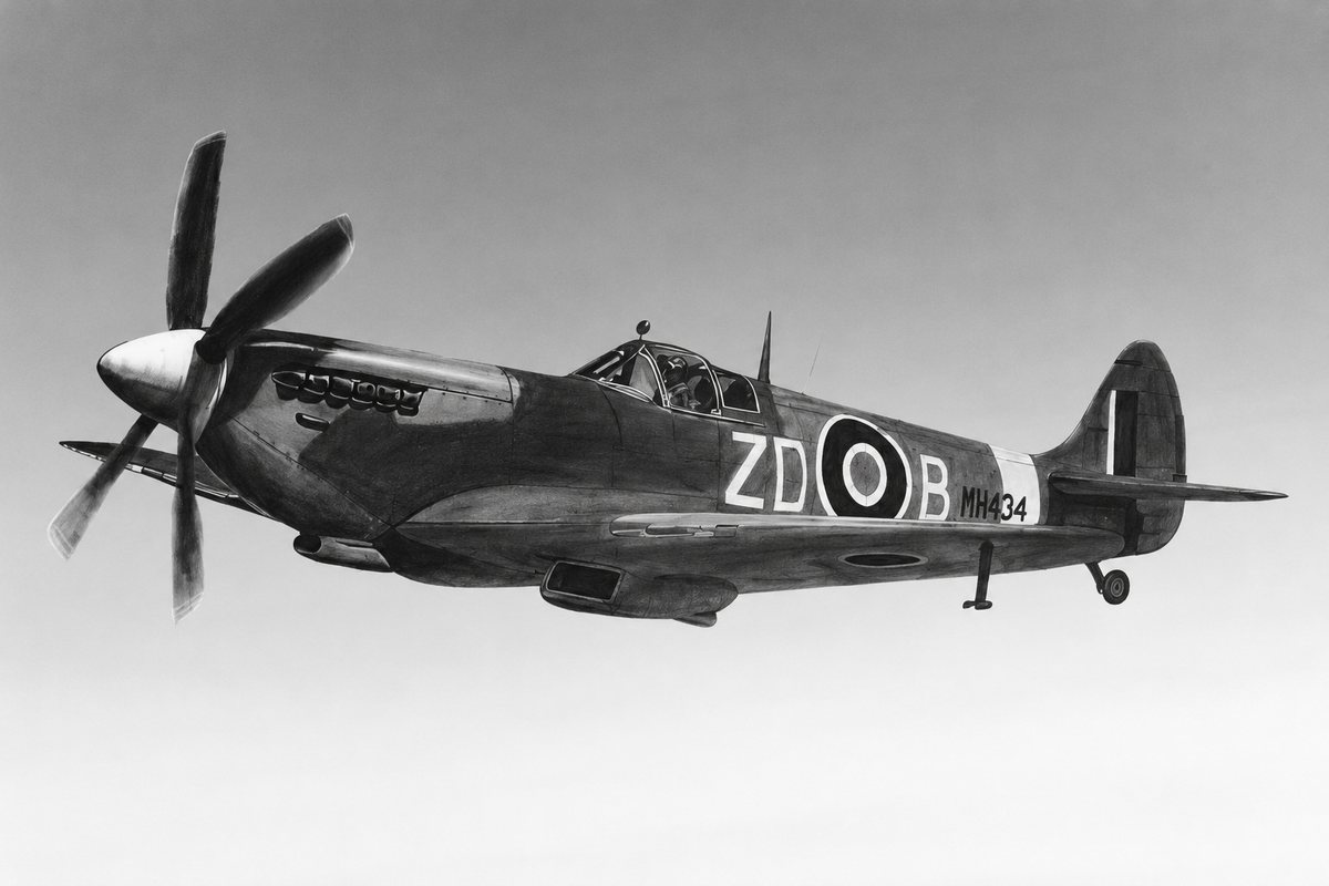 “Off to Battle” Spitfire Drawing | Aviation Art Print — unframed artwork