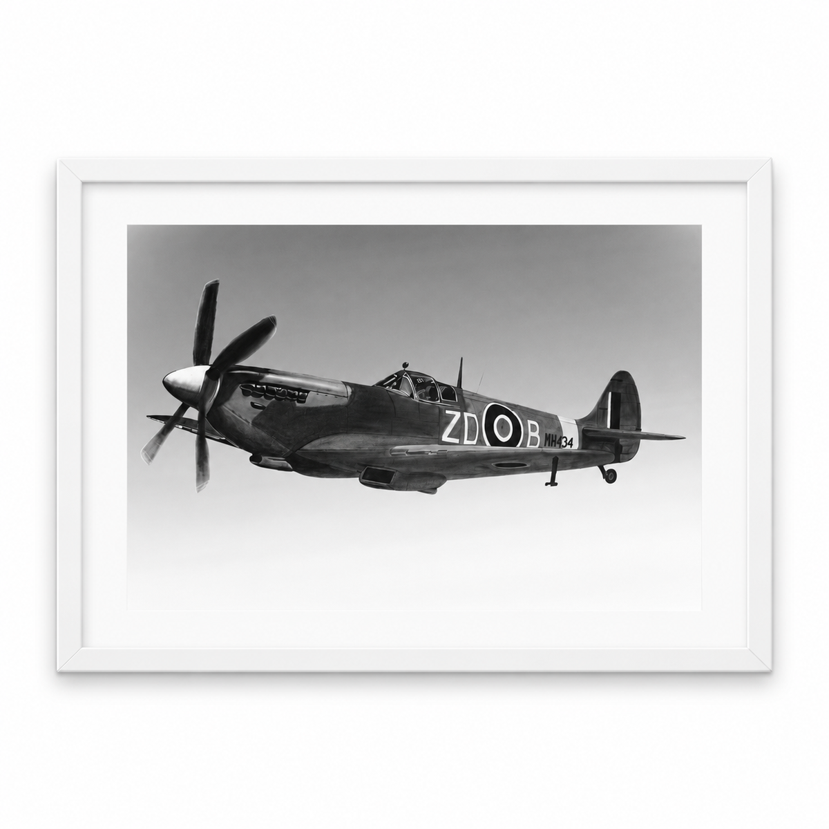 “Off to Battle” Spitfire Drawing | Aviation Art Print in white frame