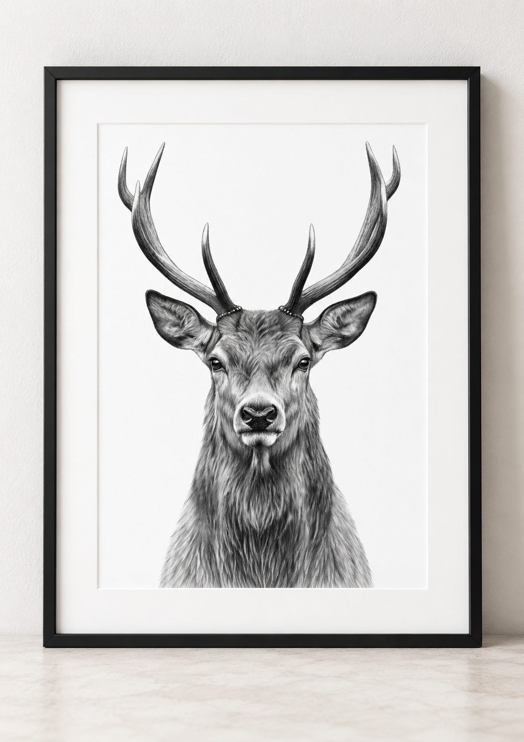 Majestic stag portrait print in a black frame with white mount