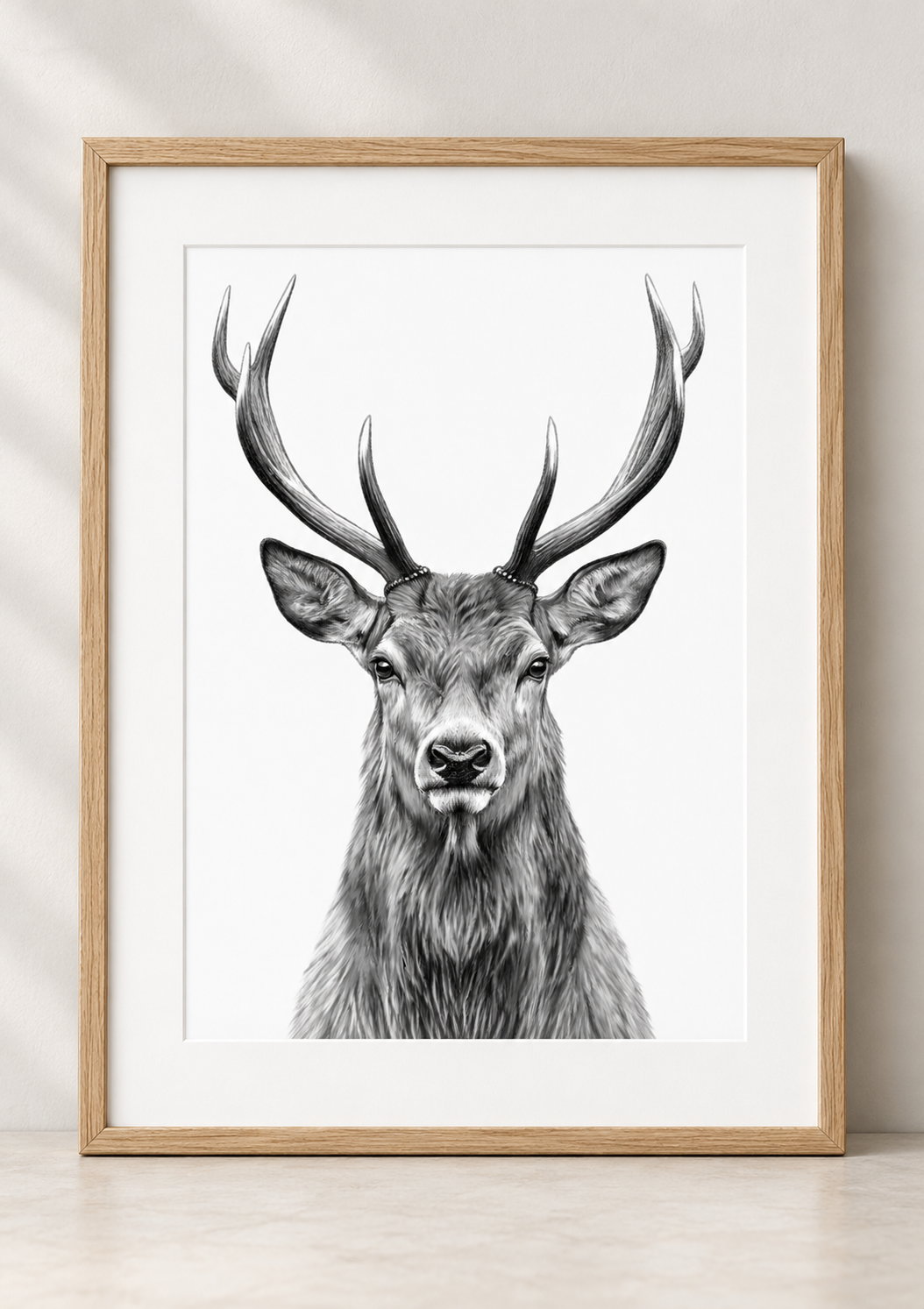 Majestic stag portrait print in a natural oak frame with white mount