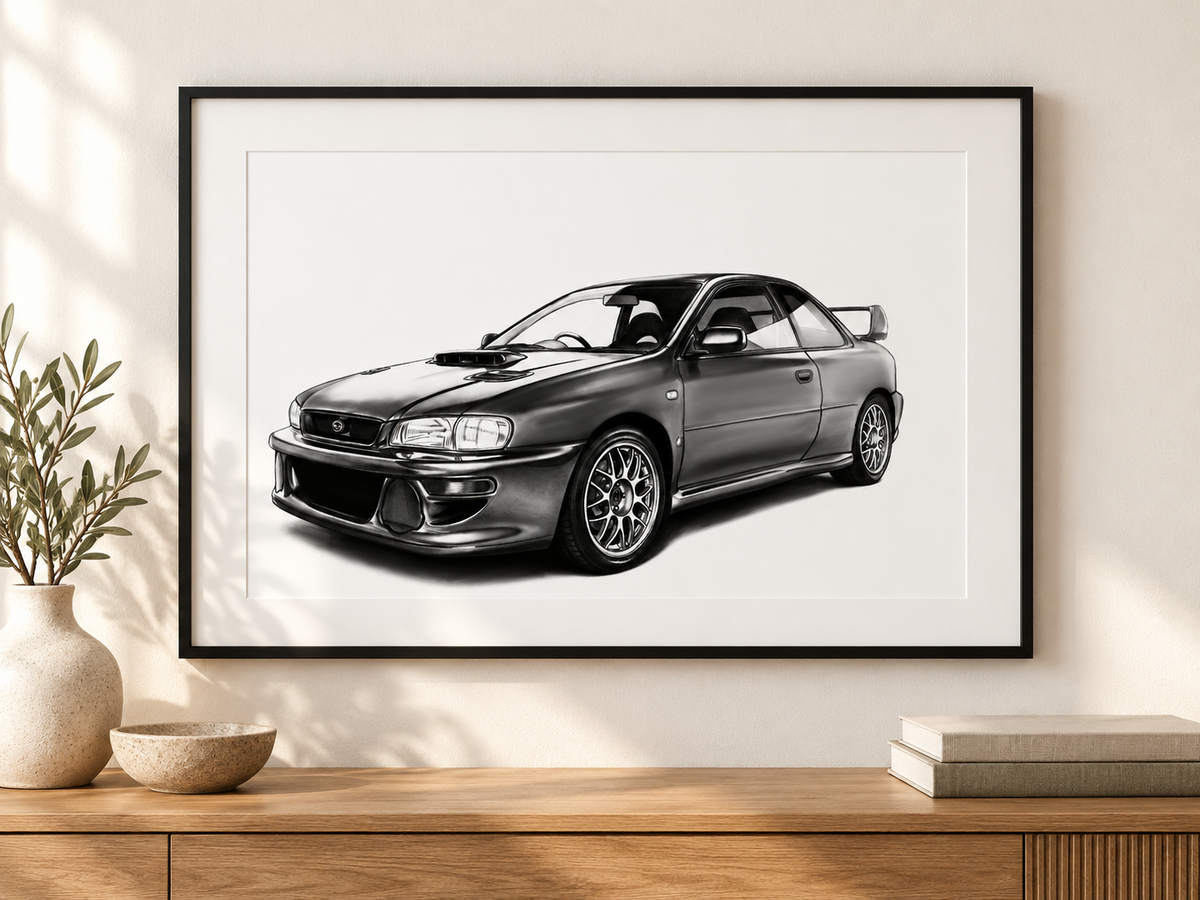 Subaru Impreza print with white mount and black frame