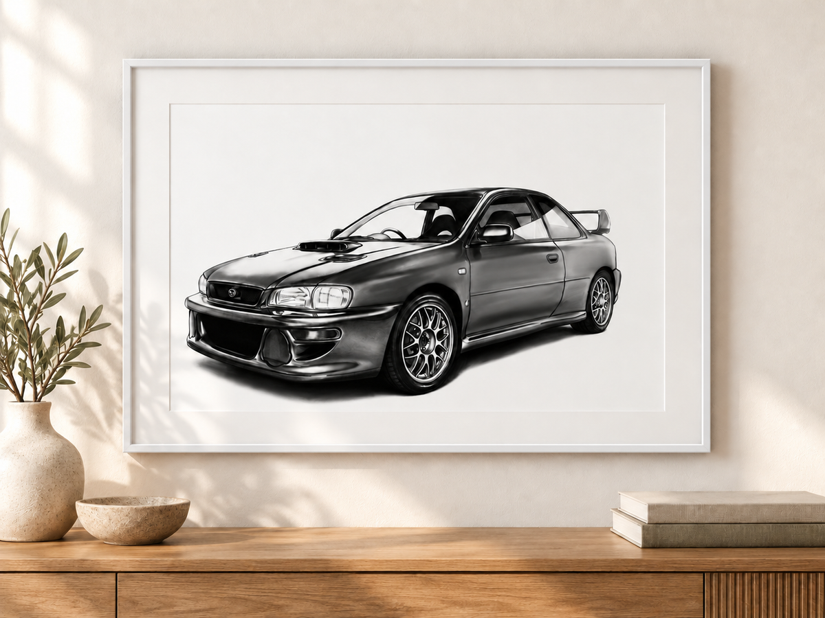 Subaru Impreza print with white mount and white frame