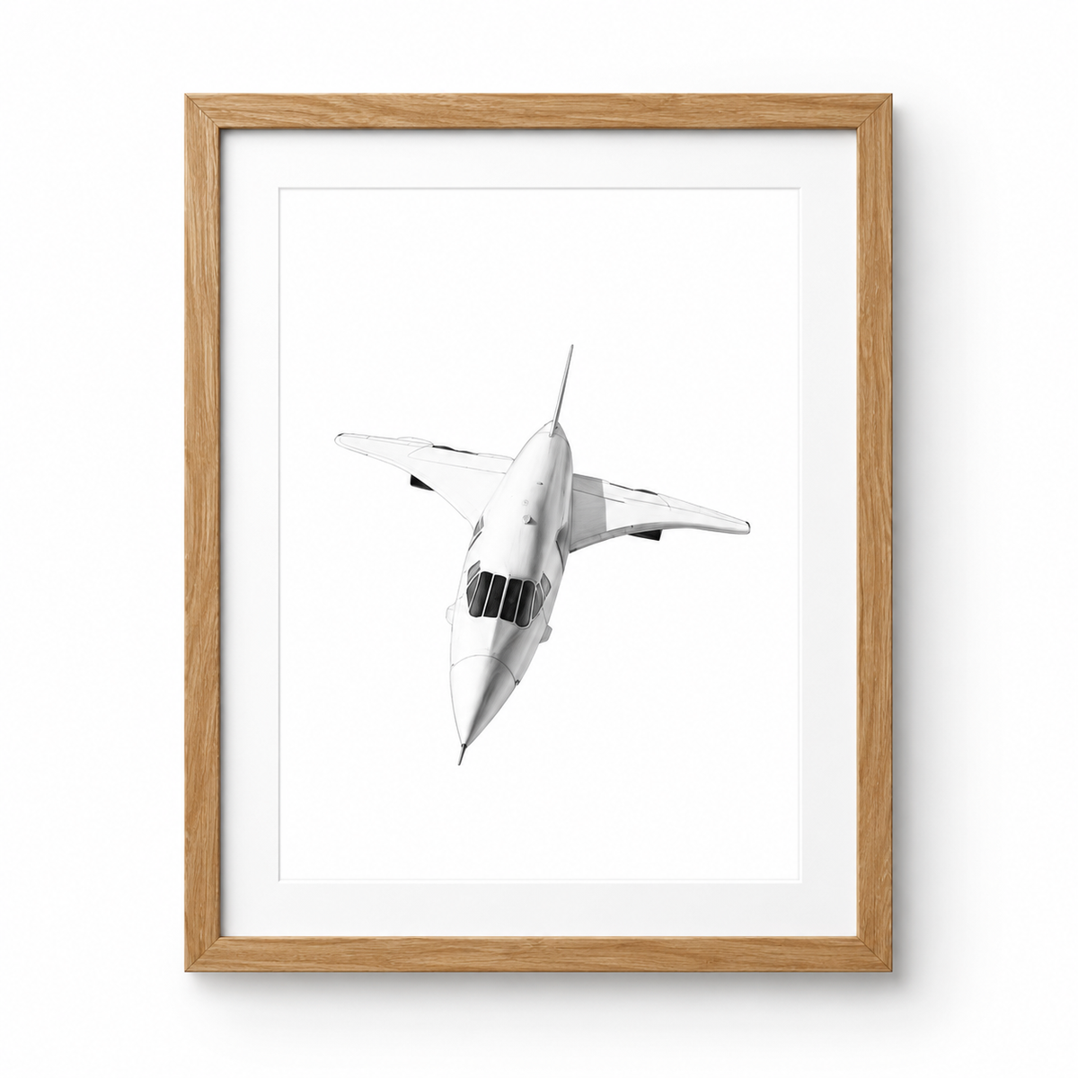 Supersonic Concorde Aircraft Fine Art Print – Hand-Drawn Supersonic Plane Illustration in oak frame