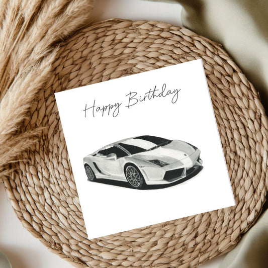 Italian sports car birthday card featuring a hand-drawn Lamborghini, perfect gift for car enthusiasts, Lamborghini fans, and birthday celebrations