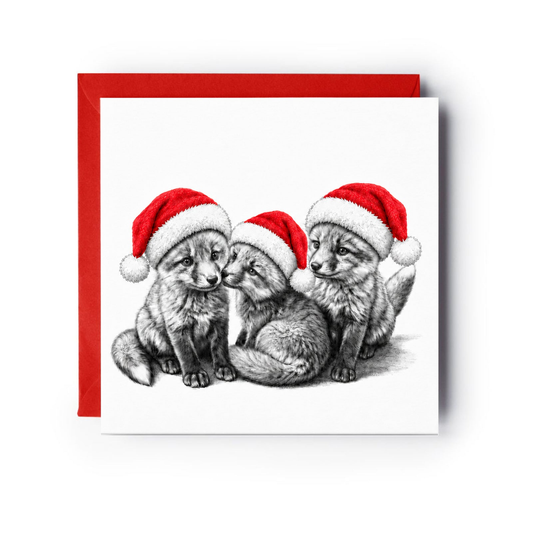 Three fox cubs in red Santa hats on a square Christmas card with one red envelope